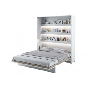 Navpična stenska postelja METULJ je primerna za vzmetnico 180 cm širine. Opremljena je z dodatnimi notranjimi policami.