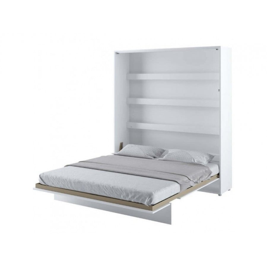 Navpična stenska postelja METULJ je primerna za vzmetnico 180 cm širine. Opremljena je z dodatnimi notranjimi policami. Primerna je tudi za majhno
