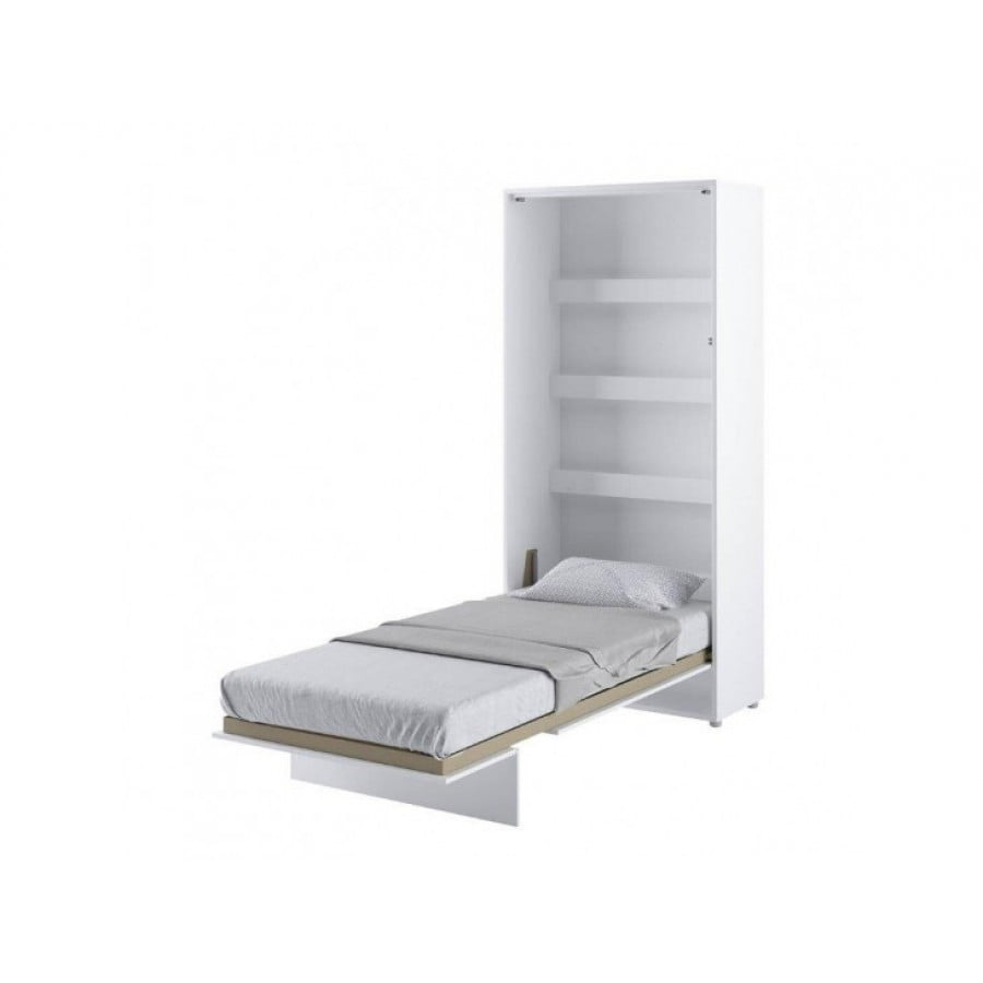 Navpična stenska postelja METULJ je primerna za vzmetnico 90 cm širine. Opremljena je z dodatnimi notranjimi policami. Primerna je tudi za majhno stanovanje,