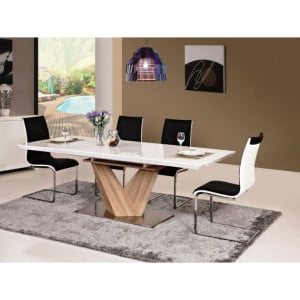 Moderna miza ALEN v kombinaciji barve bela visoki sijaj in sonoma, bo prinesla svežino v vaš prostor. Mizo je mogoče dobiti v dveh dimenzijah, narejena je