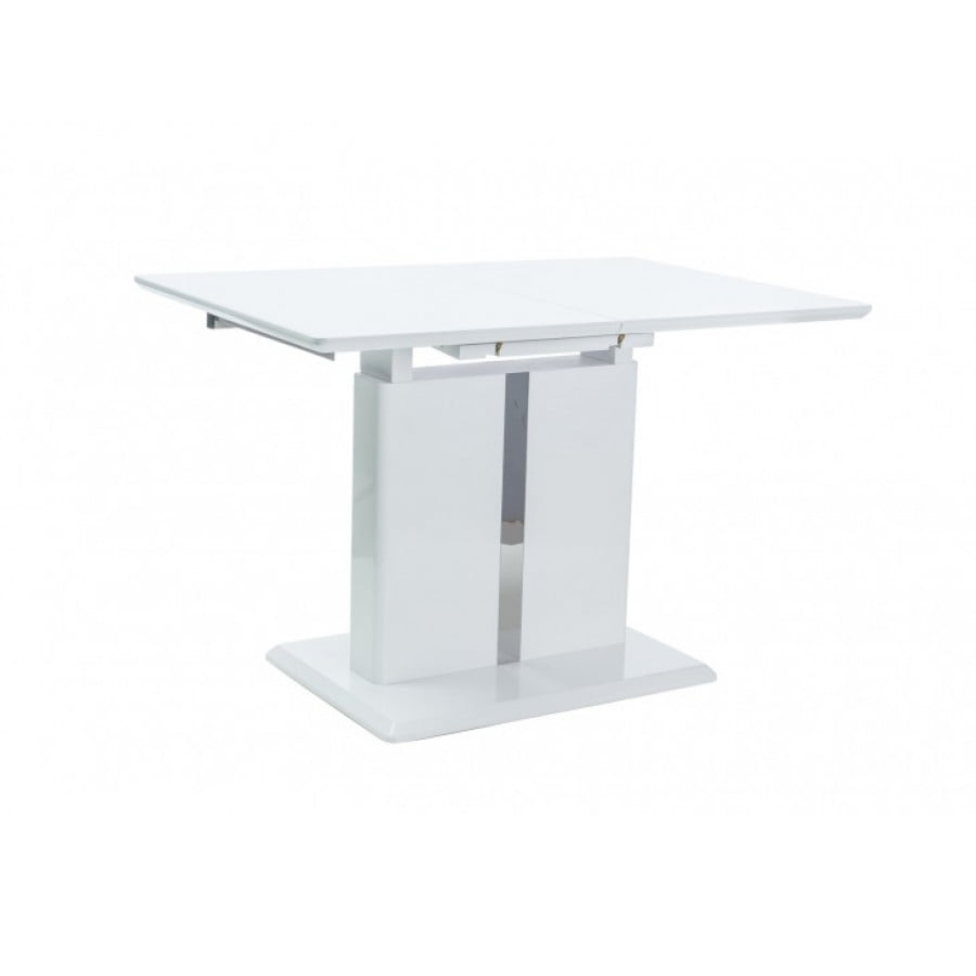 Moderna miza LUST. Dobavljiva v bela visoki sijaj barvi. Mizna plošča je napravljena iz MDF. Podnožje mizne plošče je napravljeno iz MDF + kovine. Miza je