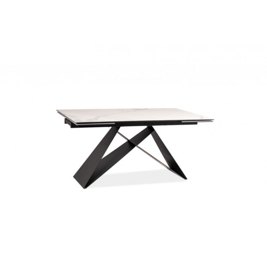 Moderna miza TINE 3. Dobavljiva v beli/črni mat barvi z učinkom marmorja. Mizna plošča je napravljena iz kaljenega stekla. Podnožje mizne plošče je
