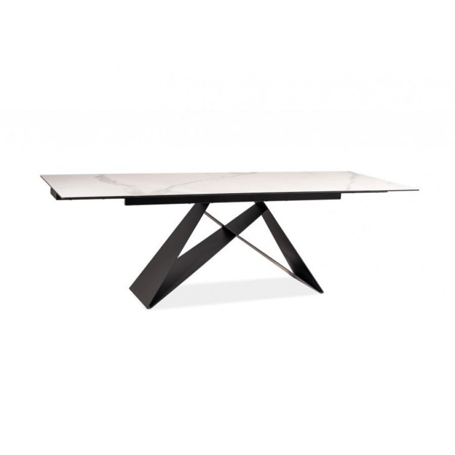 Moderna miza TINE 3. Dobavljiva v beli/črni mat barvi z učinkom marmorja. Mizna plošča je napravljena iz kaljenega stekla. Podnožje mizne plošče je