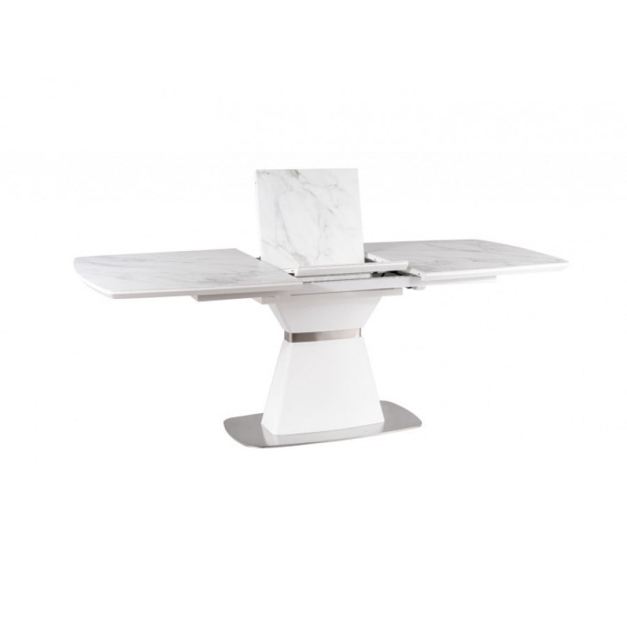 Raztegljiva miza KARA navdaja vaš jedilni prostor s svežino belega marmorja in prefinjenostjo. Z možnostjo raztega je še posebej uporabna, kadar se v