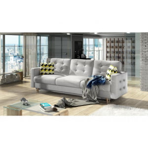 Sofa MIJA je sofa s stilom skandinavskega sloga. Dobavljiva v kvalitetnem blagu. Sofa ima pomožno ležišče in predal. Trosed je vzmeten in ima lesene