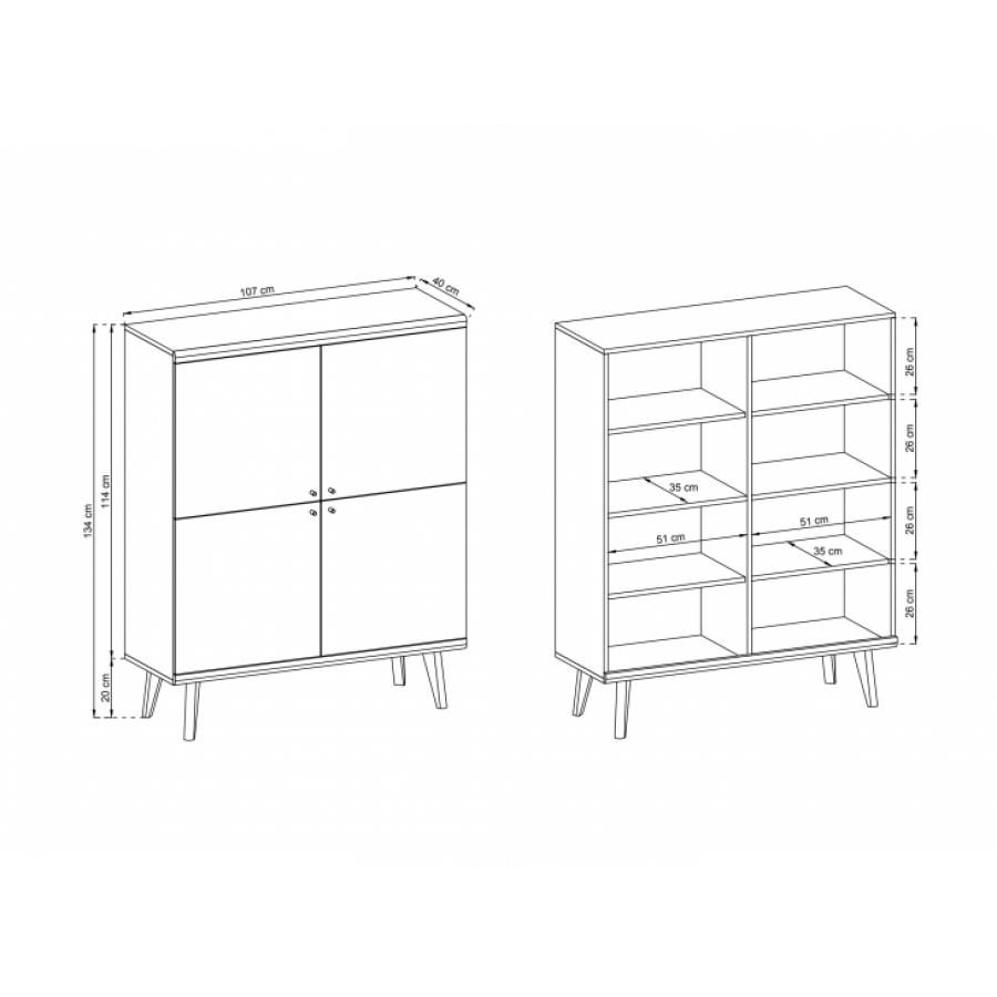 Elegantna dnevna soba s stilom skandinavskega sloga. Dobavljiva je v barvi svetli hrast//bela mat. Hrastove lesene noge, ABS robovi, vrata(ličnice) so MDF.