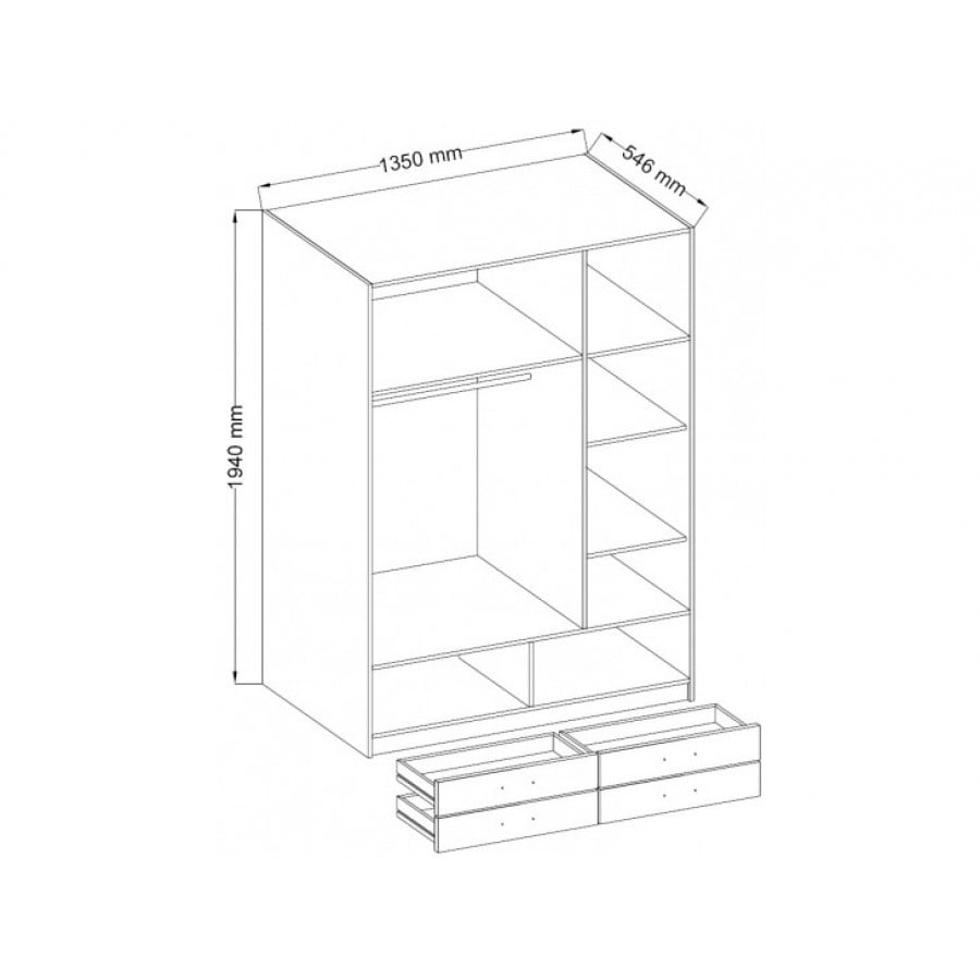 Vnesite svežino v svojo spalnico z garderobno omaro STILA hrast. Omara ima tri krila, štiri predale in tri manjše omarice. levi prekat ima polico in palico