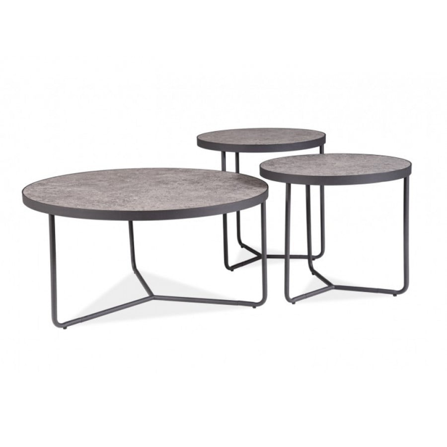 Set klubskih mizic MERKUR vas bo navdušil s svojo preprosto eleganco in minimalističnim stilom. Mizna plošča vseh treh miz ima učinek betona. Barve: -