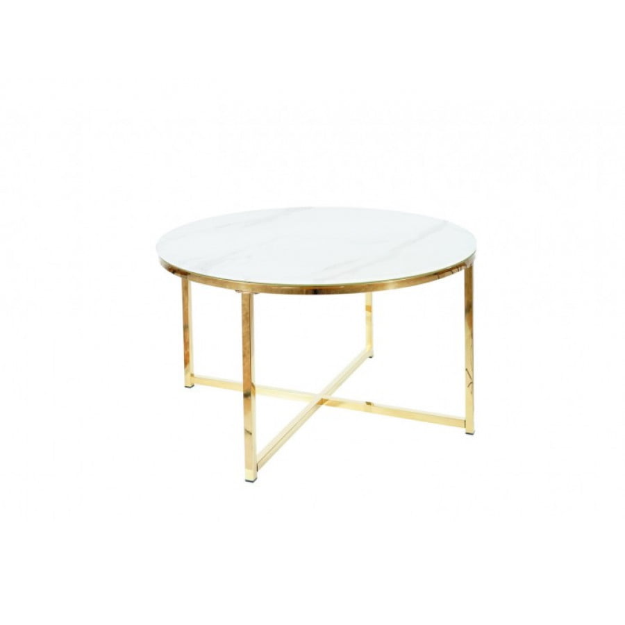 Klubska miza ALMA moderna, lepo se poda v prostore z minimalistično in elegantno ureditvijo. Barva: - Podnožje: zlata - Plošča: beli marmor Material: -