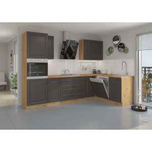 Kuhinjski blok PRESTIGE 285x180 cm je dobavljiva v grafitni barvi. Debelina delovnega pulta je 38 mm. Fronte kuhinje imajo MDF rob. Kuhinja je izdelana iz