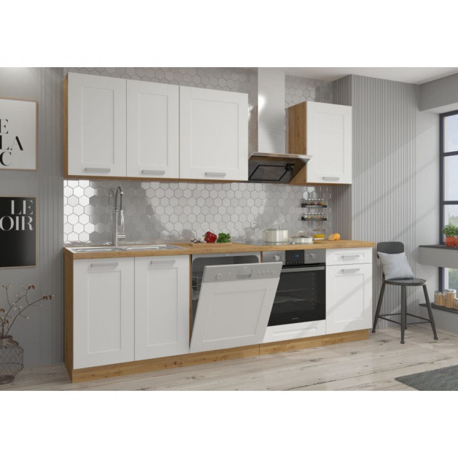 Kuhinjski blok VANESA 250 cm je dobavljiva v beli barvi. Debelina delovnega pulta je 38 mm. Kuhinja je izdelana iz oplemenitenih ivernih plošč debeline 16 mm
