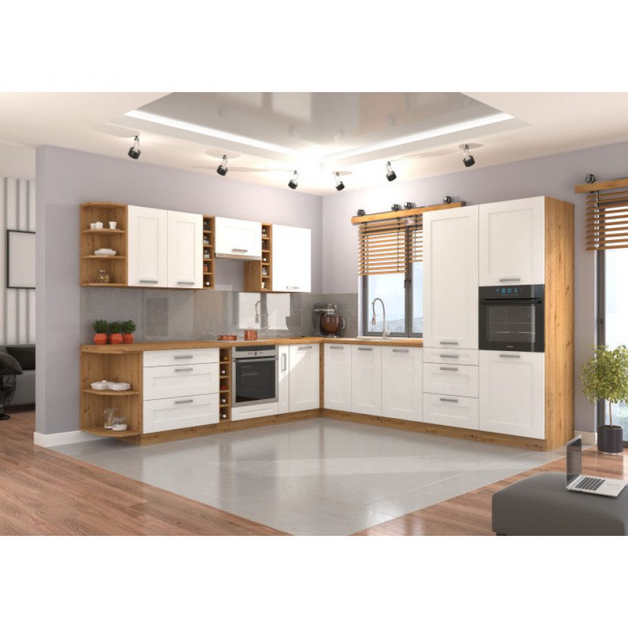 Kuhinjski blok VANESA 305x320 cm je dobavljiva v beli barvi. Debelina delovnega pulta je 38 mm. Kuhinja je izdelana iz oplemenitenih ivernih plošč debeline