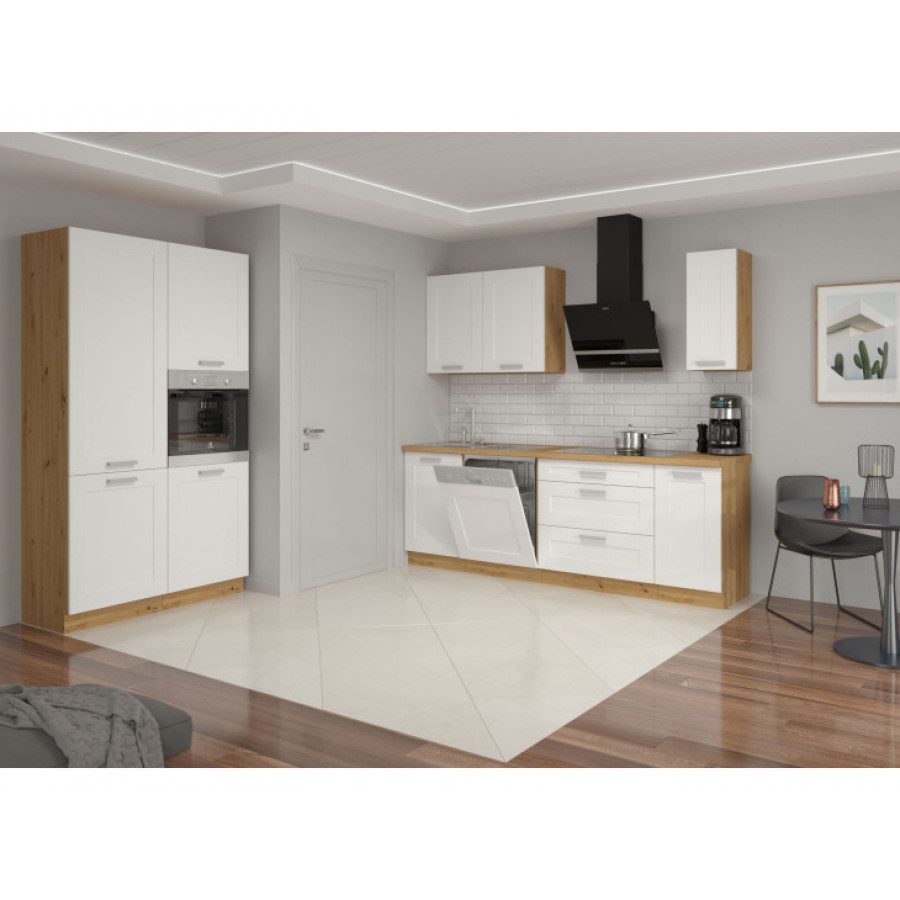 Kuhinjski blok VANESA 350 cm je dobavljiva v beli barvi. Debelina delovnega pulta je 38 mm. Kuhinja je izdelana iz oplemenitenih ivernih plošč debeline 16 mm