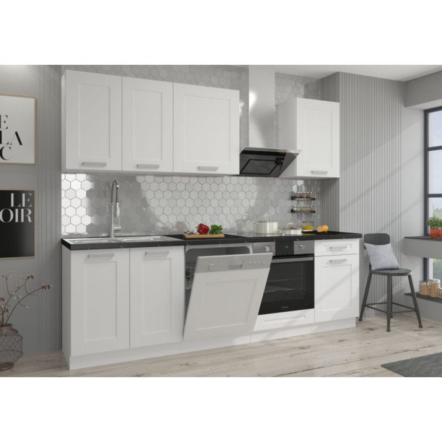 Kuhinjski blok LIJA 250 cm je dobavljiva v beli barvi. Debelina delovnega pulta je 38 mm. Kuhinja je izdelana iz oplemenitenih ivernih plošč debeline 16 mm