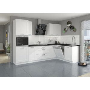 Kuhinjski blok LIJA 285x180 cm je dobavljiva v beli barvi. Debelina delovnega pulta je 38 mm. Kuhinja je izdelana iz oplemenitenih ivernih plošč debeline 16