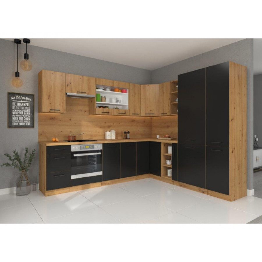 Kuhinjski blok ENA 270x220 cm je kuhinja v barvi črne mat in artisan hrasta. Narejena je iz laminirane plošče (16 mm) in melamina. Plošča je zaščitena