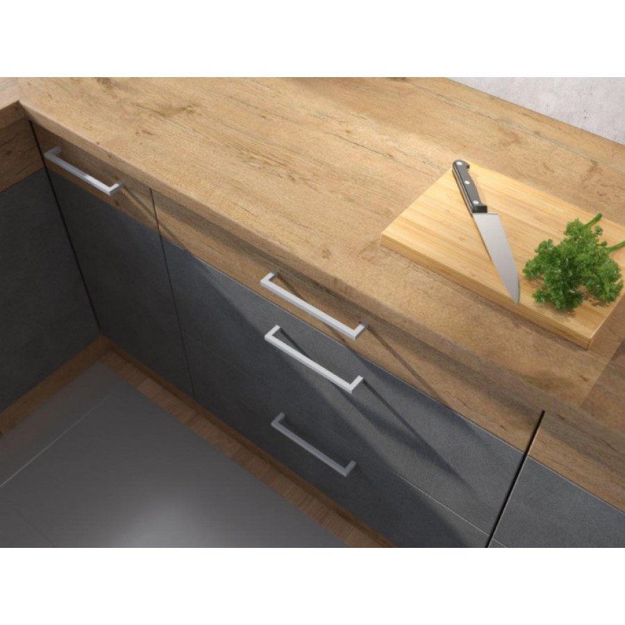 Kotna kuhinja PARIZ 210x350cm je kuhinja, katera bo prinesla svežino v vaš dom. Dobavljiva je v moderni sivi hrast barvi. Debelina delovnega pulta je 28 mm.