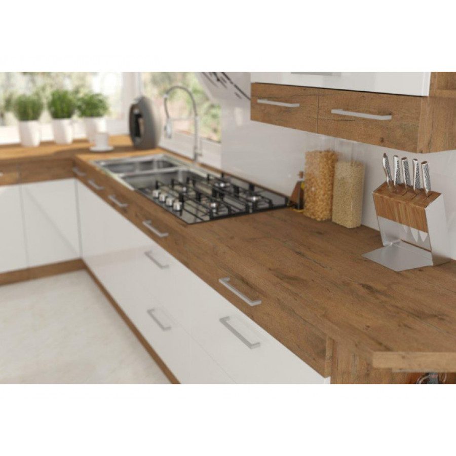 Kotni kuhinjski blok VANJA 330x340 cm je kuhinja, katera bo prinesla svežino v vaš dom. Dobavljiva v kombinaciji hrast/beli barvi. Možnost dobave tudi