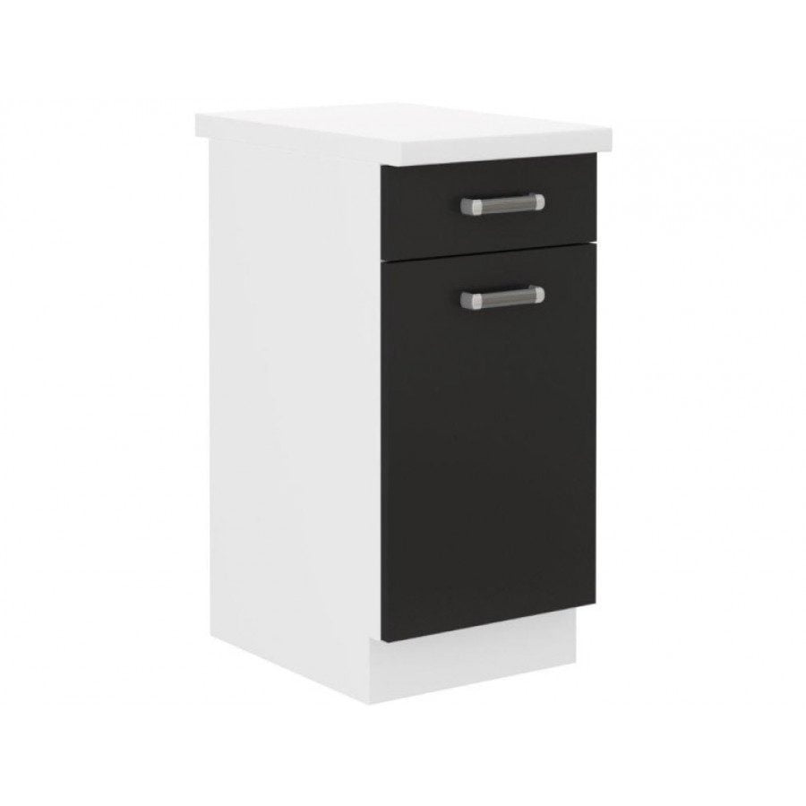 Kuhinjski blok DELTA 260 cm je dobavljiva v črno- beli barvi. Korpusi so iz laminirane plošče debeline 18 mm. Vrata steklene viseče omarice so iz kaljenega