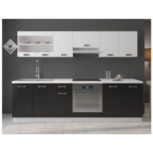 Kuhinjski blok DELTA 260 cm je dobavljiva v črno- beli barvi. Korpusi so iz laminirane plošče debeline 18 mm. Vrata steklene viseče omarice so iz kaljenega