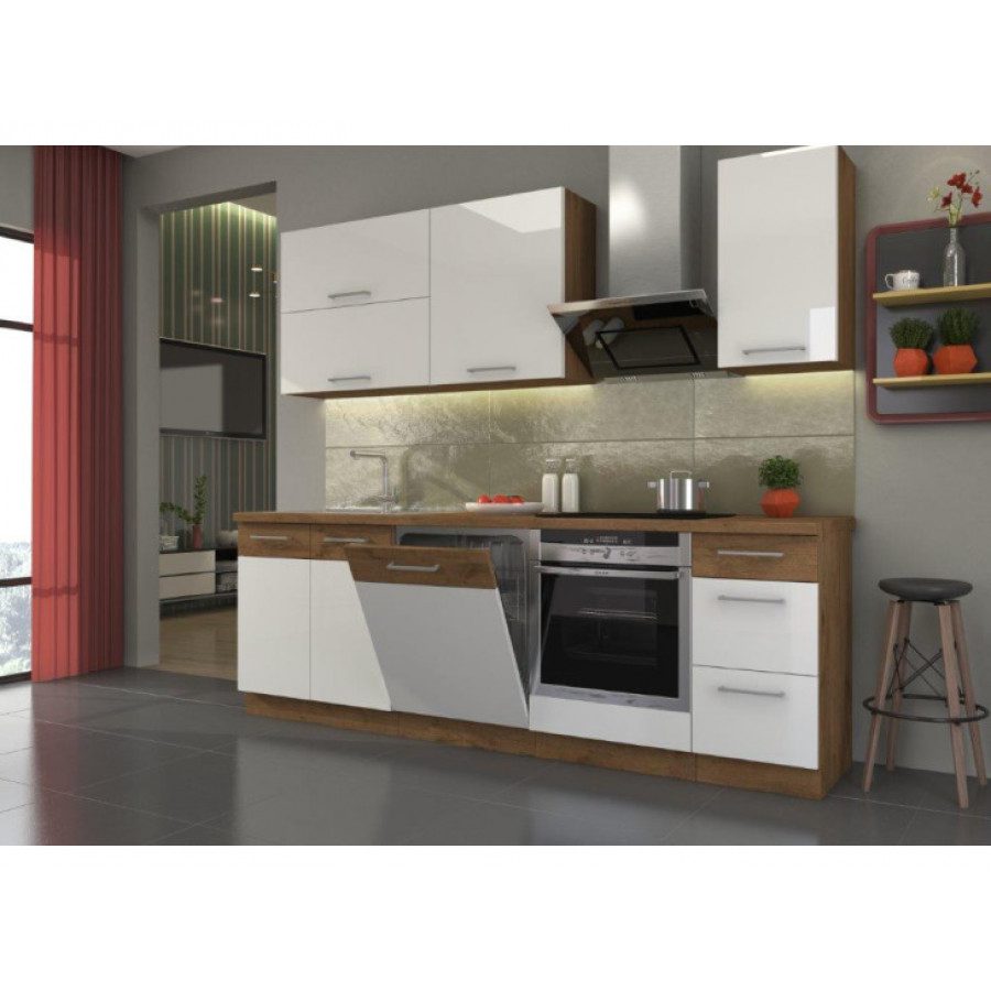 Kuhinja PARIZ GLOS 240 cm je kuhinja, katera bo prinesla svežino v vaš dom. Dobavljiva je v moderni sivi hrast barvi. Debelina delovnega pulta je 28 mm.