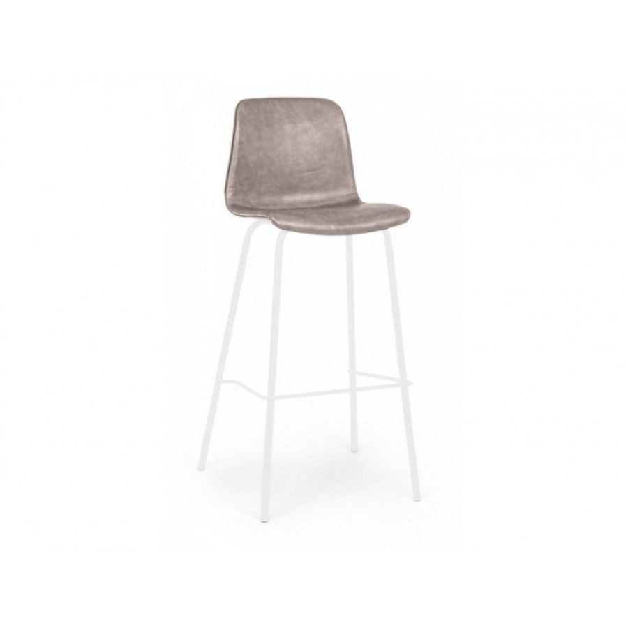 Barski stol KYRA dobavljiv v bež umetnem usnju z belimi kovinskimi nogami. Dimenzije: širina: 39cm globina: 44cm višina: 103,5cm višina: 751cm višina