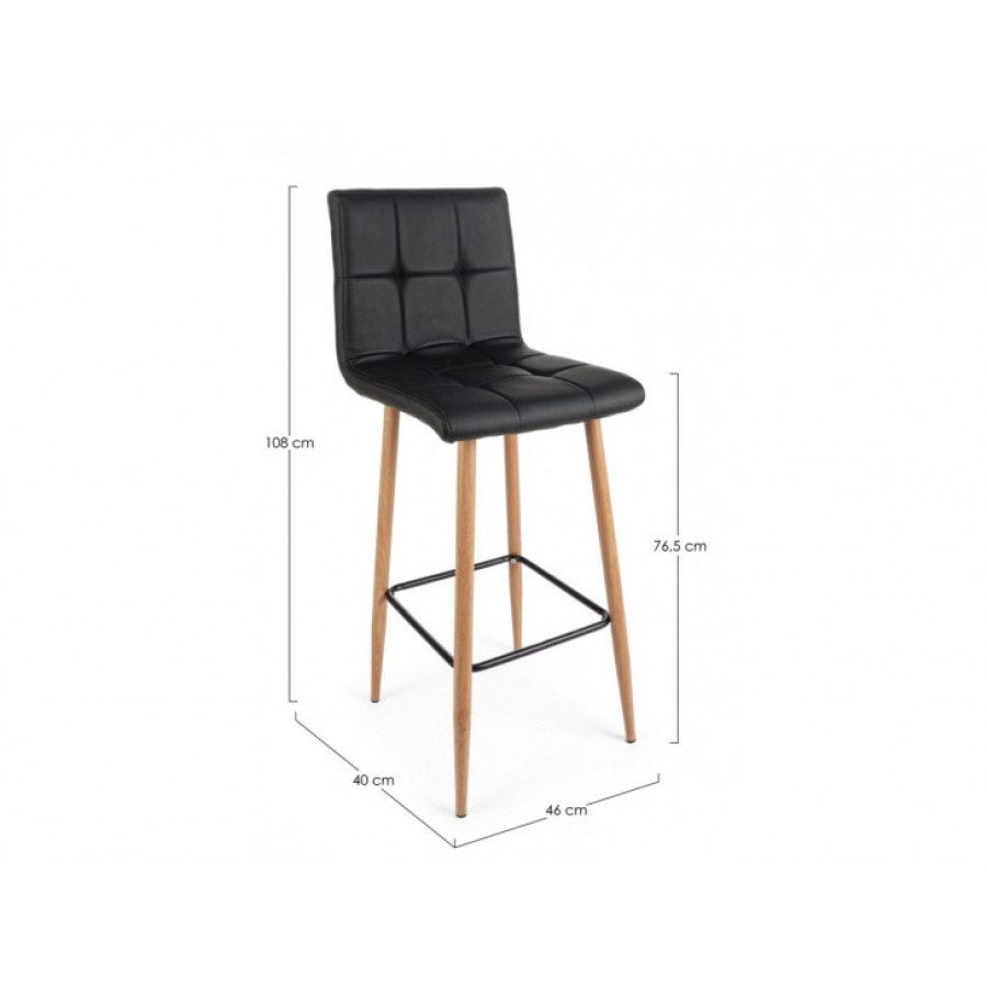 Barski stol BRUCE PU črn ima noge iz jekla z izgledom lesa. Obložen je z poliuretansko peno, prevleko pa ima iz umetnega usnja. Dimenzije: širina: 46cm