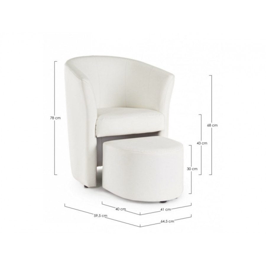 Fotelj RITA bela ima strukturo iz borovega lesa ter vezane plošče, oblečene v umetno usnje. V ceno je vštet fotelj ter tabure. Material: - Borov les -
