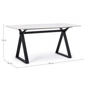 Jedilna miza PALOMA 160X90 ima jeklene noge in mizno ploščo iz kaljenega stekla, ki ima učinek marmorna. Material: - Jeklo - Kaljeno steklo Barva: - Črne