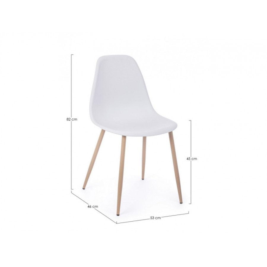 Jedilni stol MANDY je dobavljiv v beli barvi, kovinske noge v barvi lesa. Sedalni del iz polipropiena. Dimenzije: širina: 53cm globina: 46cm višina: 82cm