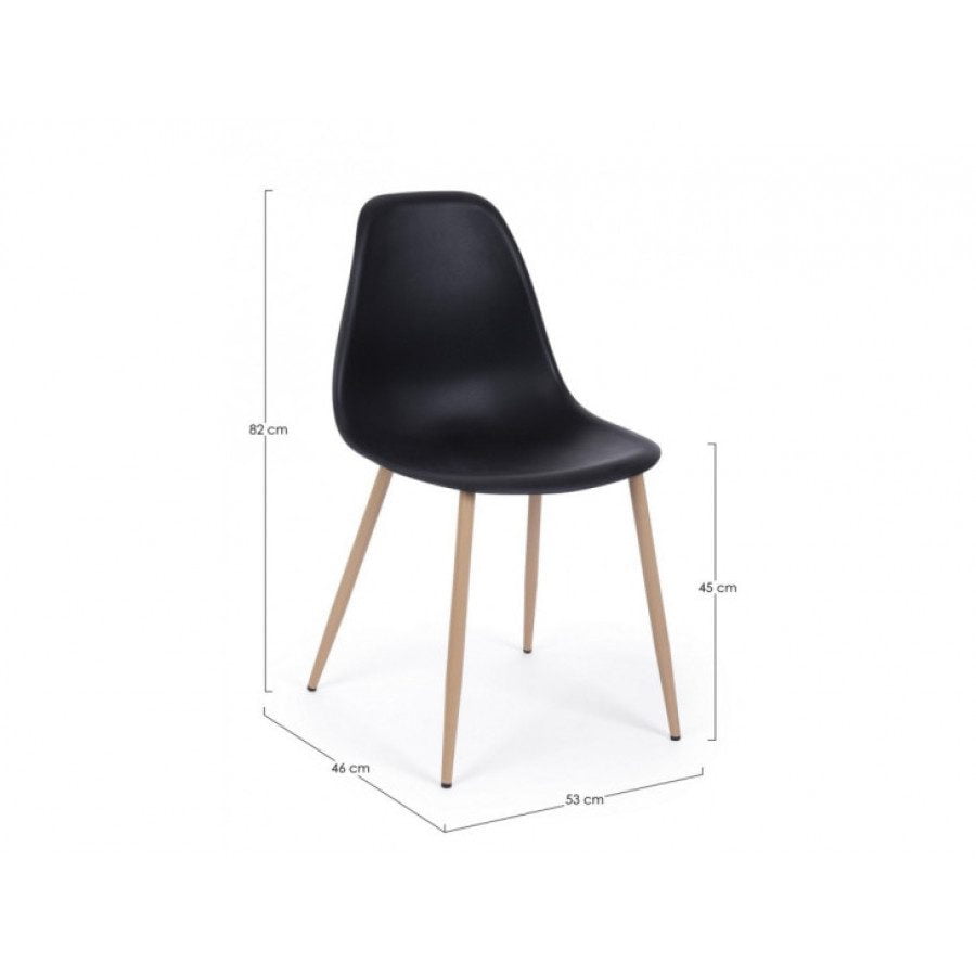 Jedilni stol MANDY je dobavljiv v črni barvi, kovinske noge v barvi lesa. Sedalni del iz polipropiena. Dimenzije: širina: 53cm globina: 46cm višina: 82cm