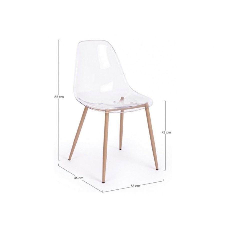 Jedilni stol MANDY je dobavljiv v prozorni barvi, kovinske noge v barvi lesa. Sedalni del iz polipropiena. Dimenzije: širina: 53cm globina: 46cm višina: 82cm