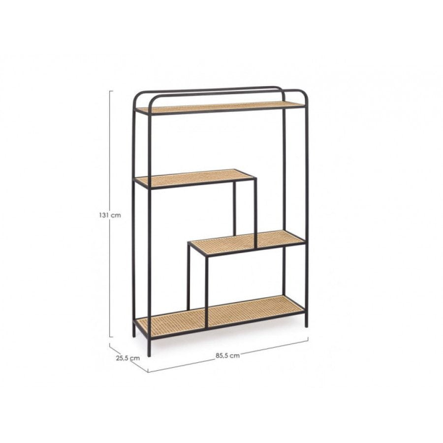 Knjižna omara ELYOT 4P ima jekleno ogrodje in ratan kombinacijo. Samo za interno uporabo. Material: - Jeklo - Ratan Barva: - Črna Dimenzije: širina: 85.5cm