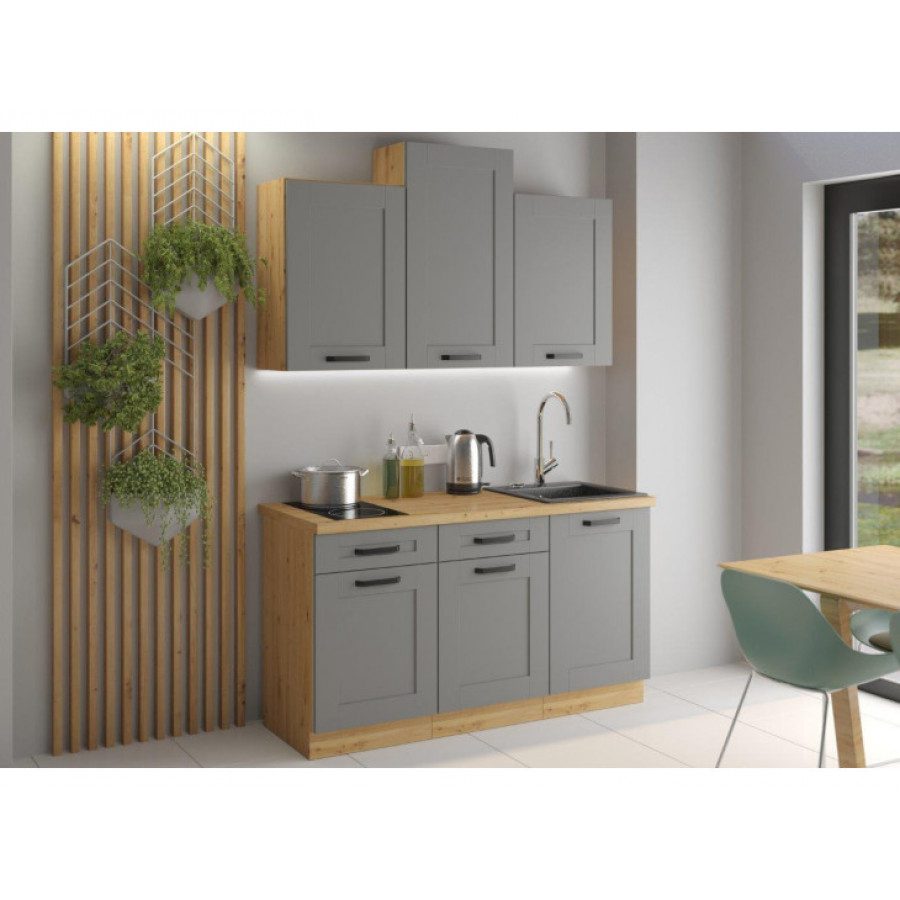 Kuhinjski blok LIMA 150 cm je dobavljiva v sivi barvi. Debelina delovnega pulta je 38 mm. Kuhinja je izdelana iz oplemenitenih ivernih plošč debeline 16 mm