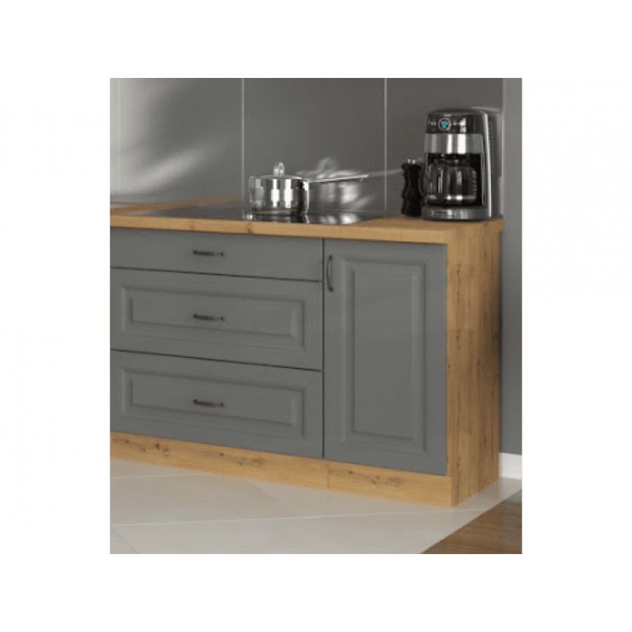 Kuhinjski blok LUIZA 350 cm je dobavljiva v sivi barvi. Debelina delovnega pulta je 38 mm. Kuhinja je izdelana iz oplemenitenih ivernih plošč debeline 16 mm