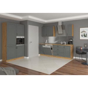 Kuhinjski blok LUIZA 350 cm je dobavljiva v sivi barvi. Debelina delovnega pulta je 38 mm. Kuhinja je izdelana iz oplemenitenih ivernih plošč debeline 16 mm