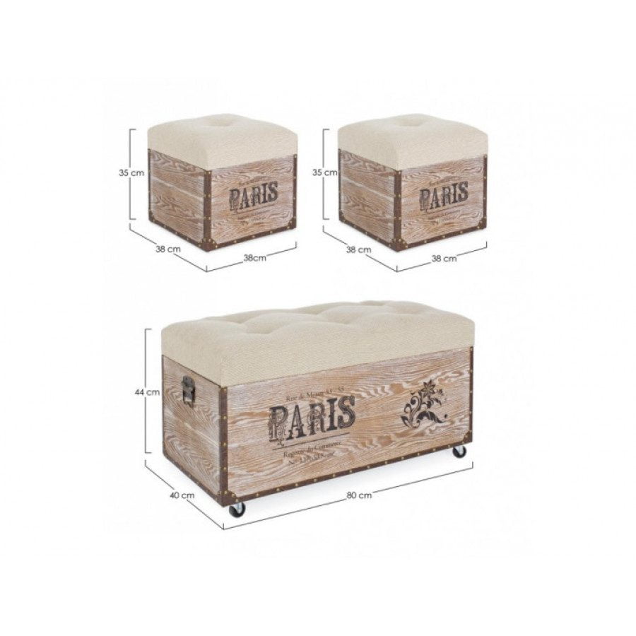 Set 3 taburejev TRAVEL PARIS bež so narejeni iz lesa z sediščem iz pene ki je oblečeno v 100% poliester tkanino. Ob straneh ima kovinske ročaje. Material: