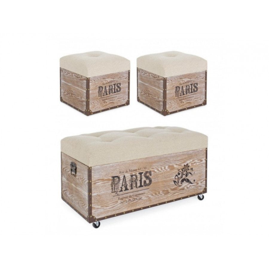 Set 3 taburejev TRAVEL PARIS bež so narejeni iz lesa z sediščem iz pene ki je oblečeno v 100% poliester tkanino. Ob straneh ima kovinske ročaje. Material: