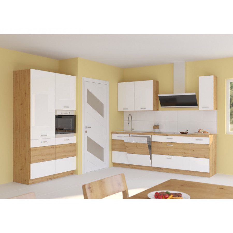 Kuhinjski blok TISA 350 cm je dobavljiv v več barvah. Debelina delovnega pulta je 28 mm. Kuhinja je izdelana iz oplemenitenih ivernih plošč debeline 16 mm