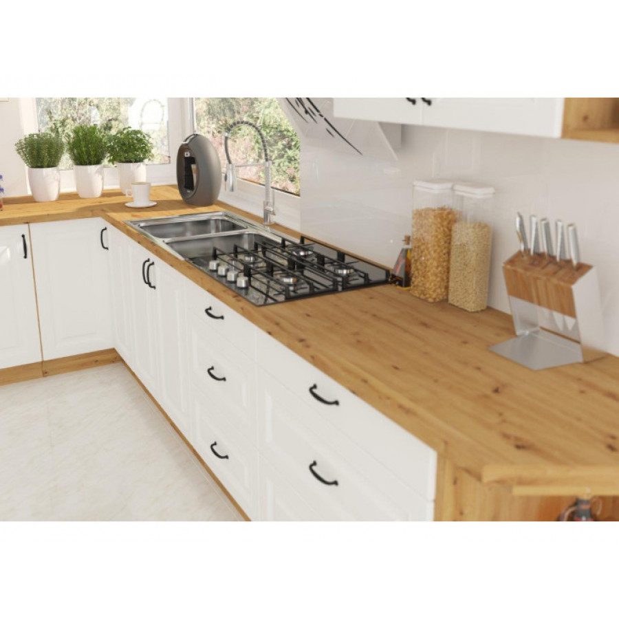 Kuhinjski blok STIL 310x340 cm je dobavljiva v beli barvi. Debelina delovnega pulta je 38 mm. Fronte kuhinje imajo MDF rob. Kuhinja je izdelana iz