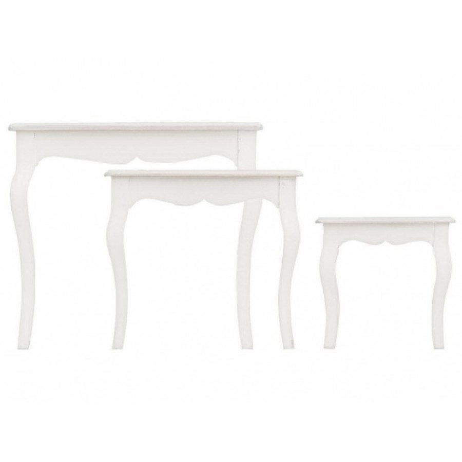 Set3 klubskih mizic CLORINE rustičnem slogu vas bodo navdušile. Primerne so tako za dnevno sobo, kot tudi dodatek v spalnici. Dobavljive so v beli barvi. V