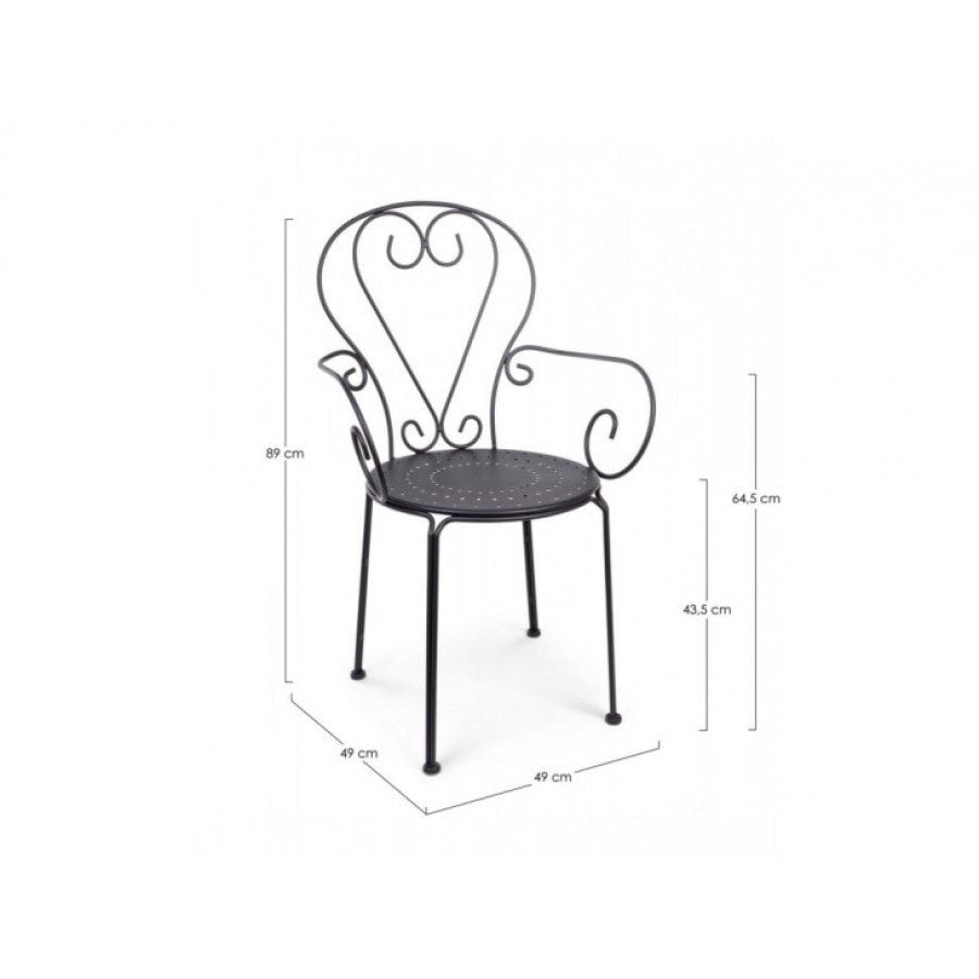 Vrtni stol ETIENNE antracit je narejen iz jekla in ima mat zaključek. Material: - Jeklo Barve: - Antracit Dimenzije: širina: 49cm globina: 49cm višina: 89cm