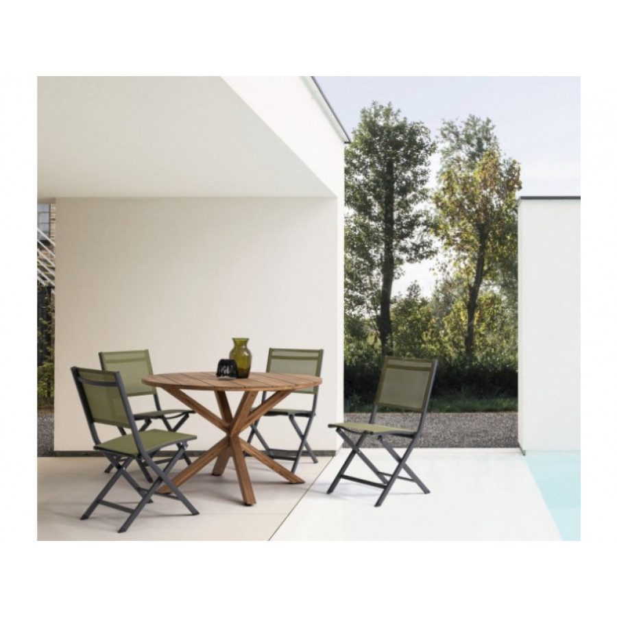 Zložljivi vrtni stol ELIN ANTRACITE LH32 zelena je narejen iz aluminija, prašno barvanega. Hrbet ter sedež sta iz tekstila. Material: - Aluminij - Tekstil