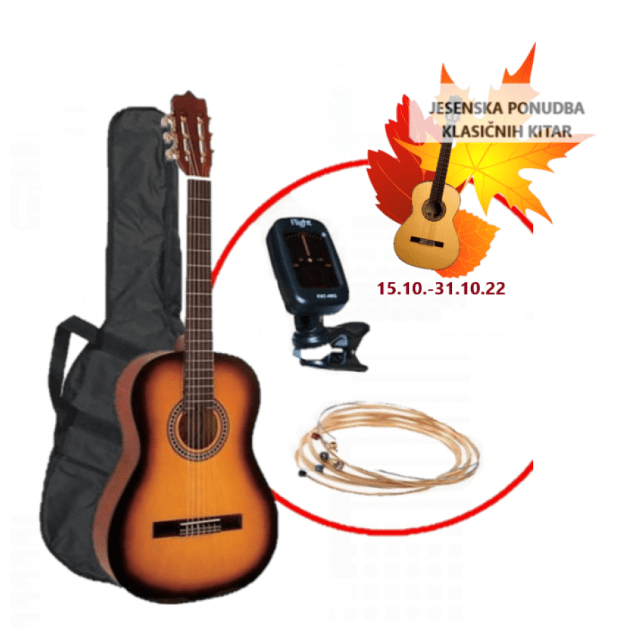 Kitara klasična - set C 120 SB - Klasična kitara, velikost celinka, v prelepi barvi SUNBURST, skupaj s torbo, uglaševalcem, trzalicami ter rezervnimi
