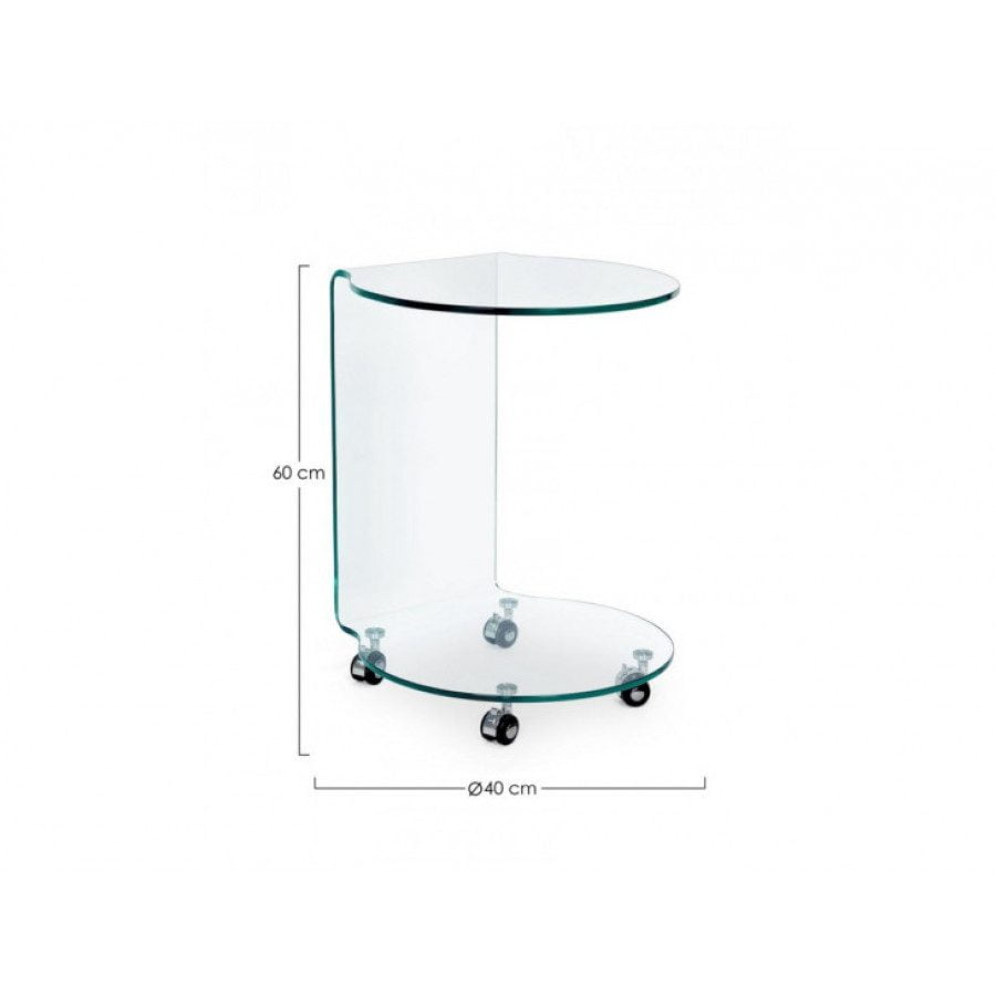 Klubska miza IRIDE je narejena iz stekla debeline 10 mm. Vrtljive noge so iz plastike. Dimenzije: širina: 45cm globina: 45cm višina: 60cm