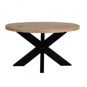 Klubska miza z namizjem okrogle oblike. Plošča mize je sestavljena iz dveh plasti, s skupno debelino 50 mm. Plošča je narejena iz lesa akacije in je