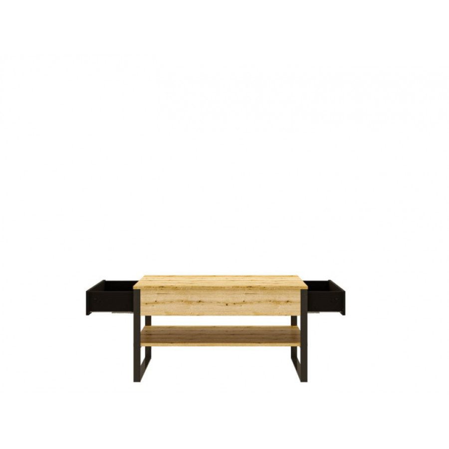 Klubska mizica FOZI ima dva predala ter polico. Izrazit značaj pohištva dajejo vitke, kovinske noge, globoke, mat črne barve in dekor, ki posnema naravni