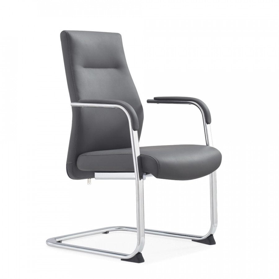 Udoben konferenčni stol, oblazinjen z kvalitetnim umetnim PU usnjem v sivi barvi. Rokonasloni so fiksni, sedišče ima v notranjosti peno visoke gostote za