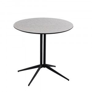 Moderna jedilna miza okrogle oblike. Plošča mize ima diameter 60 cm in je narejena iz MDF materiala v sivi barvi. Preprosto podnožje z razgibano obliko je