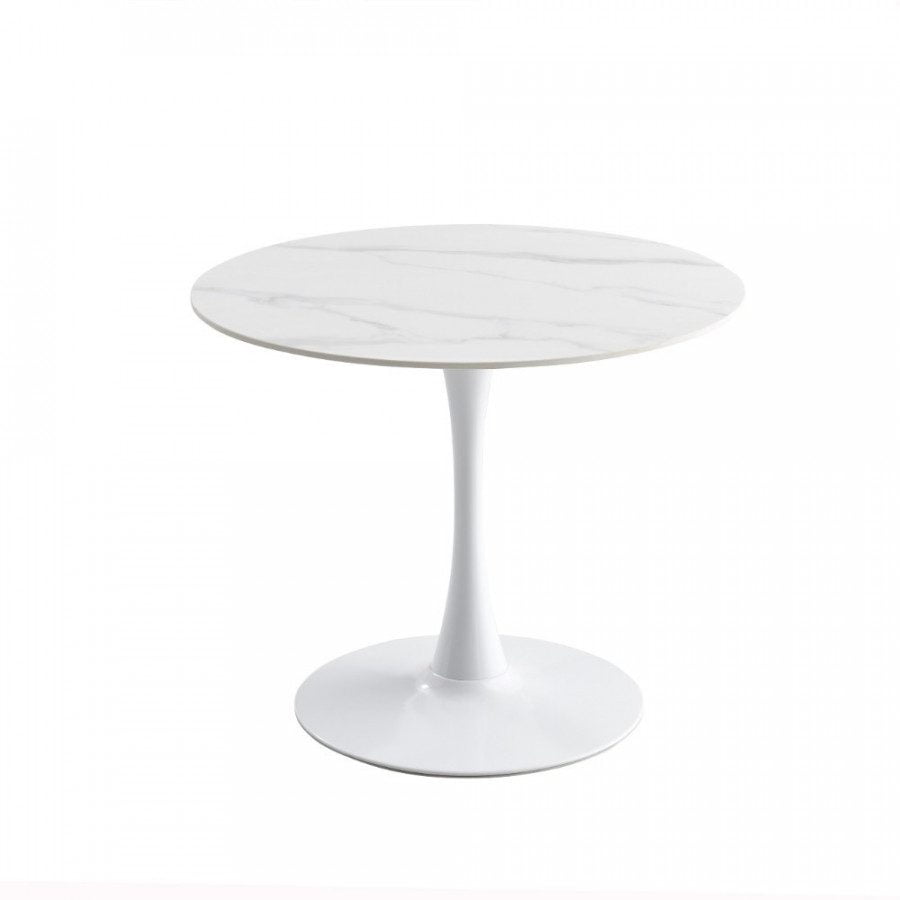 Jedilna miza okrogle oblike, na voljo v čudoviti barvi belega marmorja. Plošča mize je debela 1,2 cm, ima premer 90 cm in je narejena iz sintranega kamna z